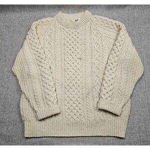 Sheila Sweater Mens Large White Wool Aran Cable Knit Fisherman Pullover Ireland
